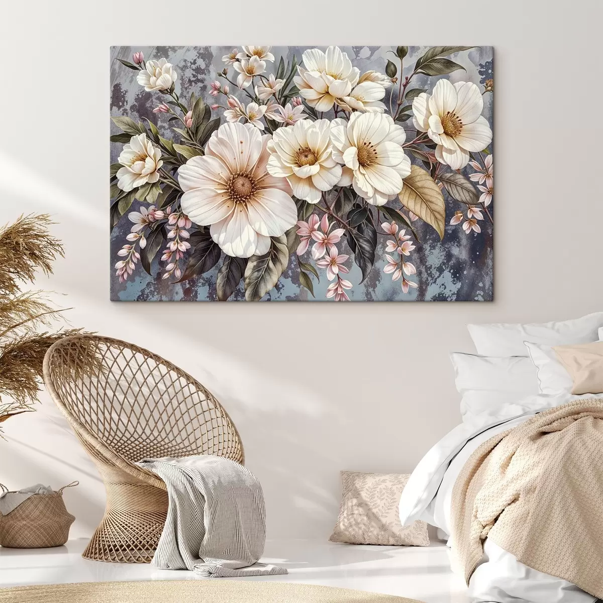 carta da parati Un vibrante bouquet di grandi fiori dettagliati di dalia bianca e rosa con foglie verdi su uno sfondo scuro nr. s42227