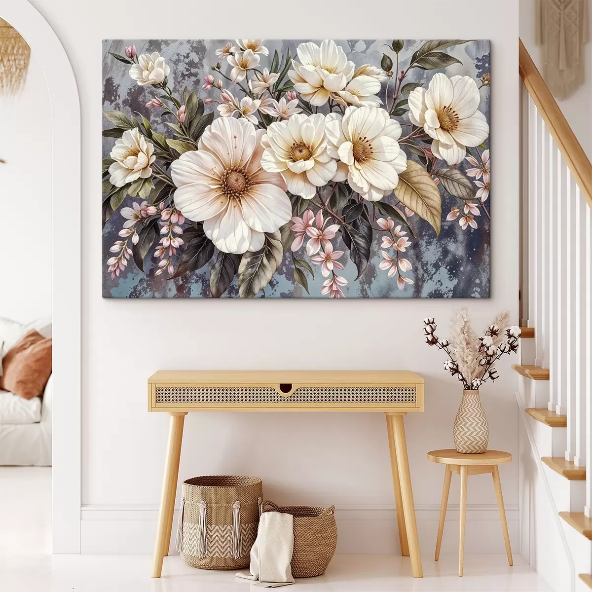 carta da parati Un vibrante bouquet di grandi fiori dettagliati di dalia bianca e rosa con foglie verdi su uno sfondo scuro nr. s42227