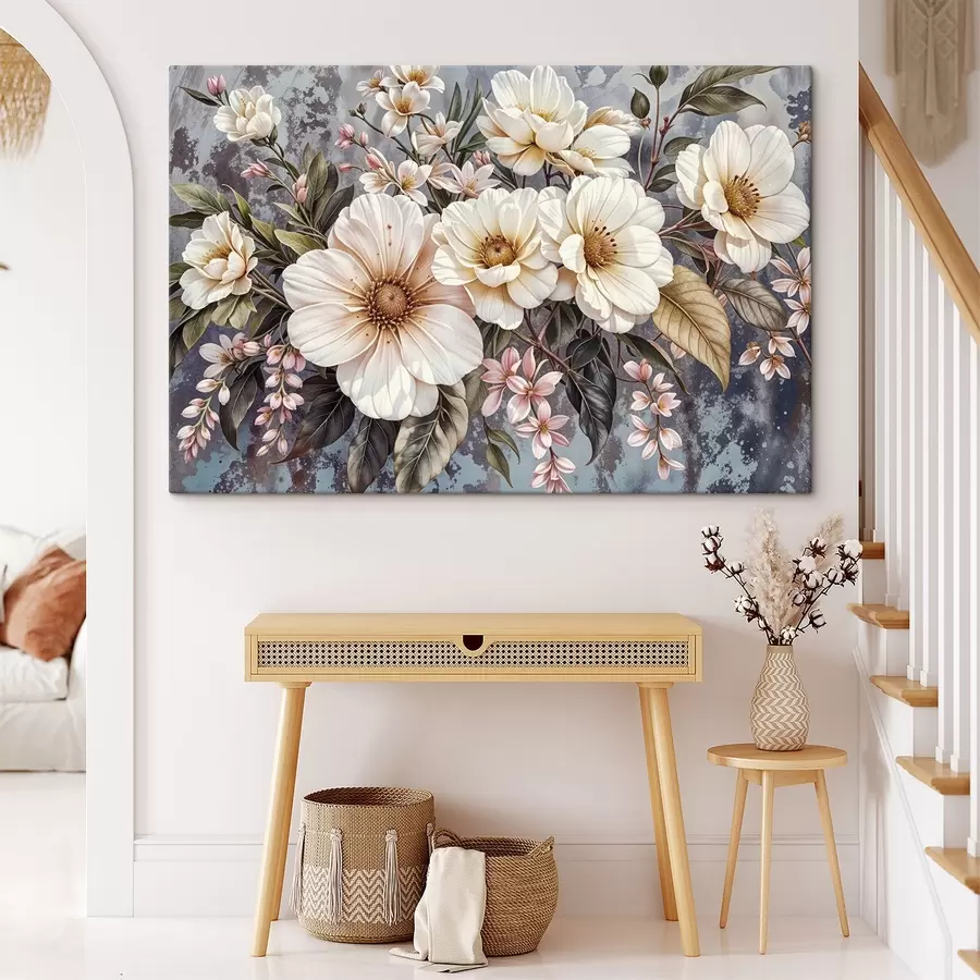 carta da parati Un vibrante bouquet di grandi fiori dettagliati di dalia bianca e rosa con foglie verdi su uno sfondo scuro nr. s42227