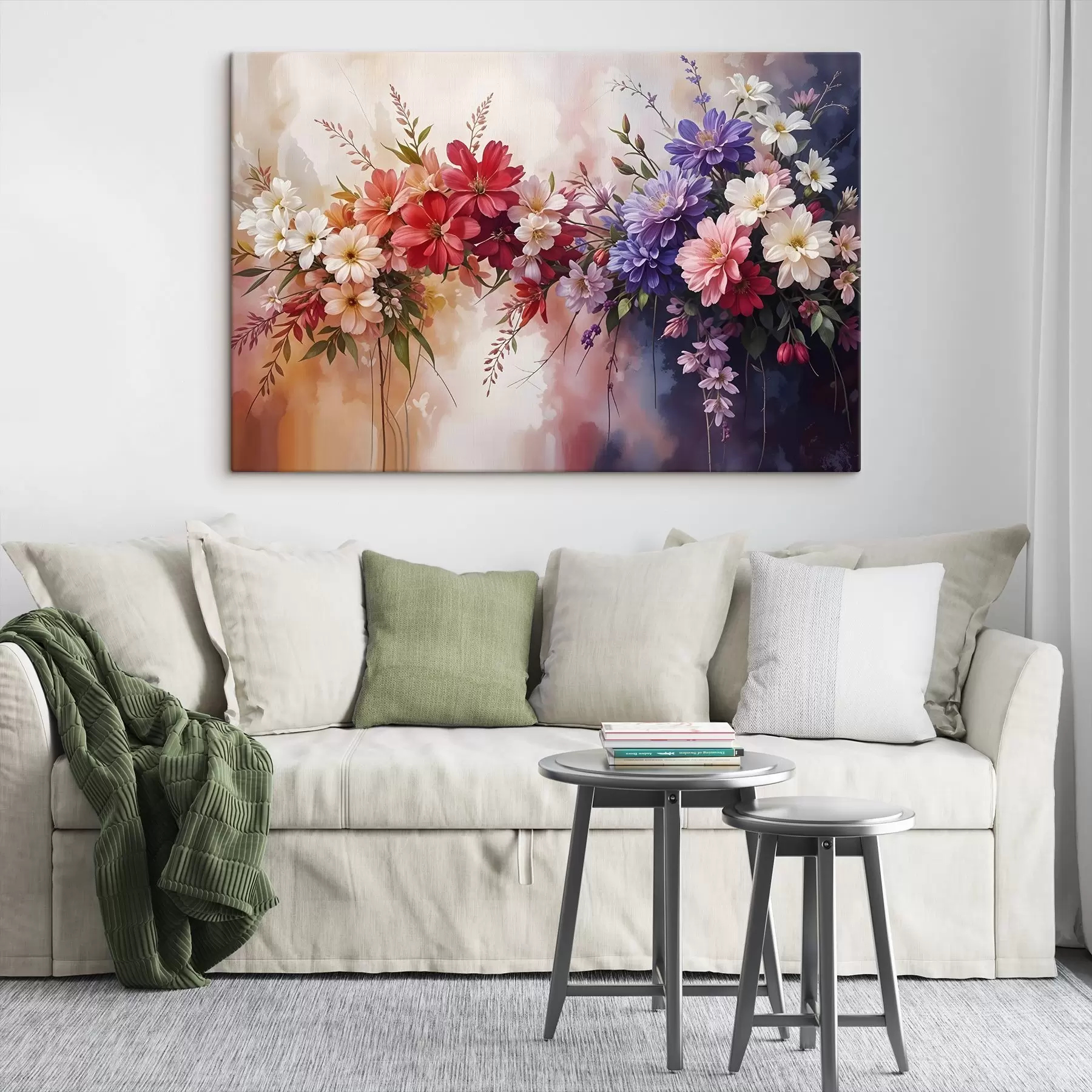 carta da parati Fiori colorati, tra cui dalie rosse, rosa e viola, margherite e altre fioriture su uno sfondo morbido e sfocato  nr. s42234
