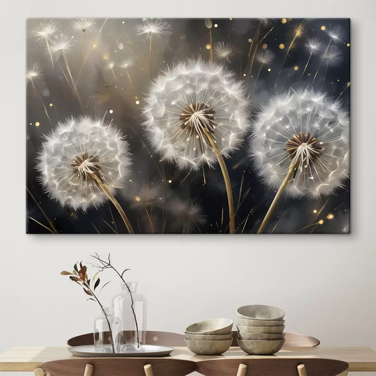carta da parati Fiori di dente di leone con le loro soffici teste di semi bianchi su uno sfondo scuro, creando un'atmosfera magica nr. s42235