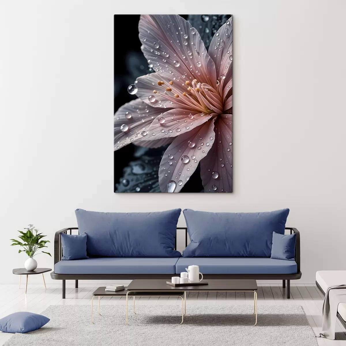 carta da parati Primo piano di un fiore rosa con petali delicati ricoperti di gocce d'acqua, su uno sfondo scuro  nr. s42237