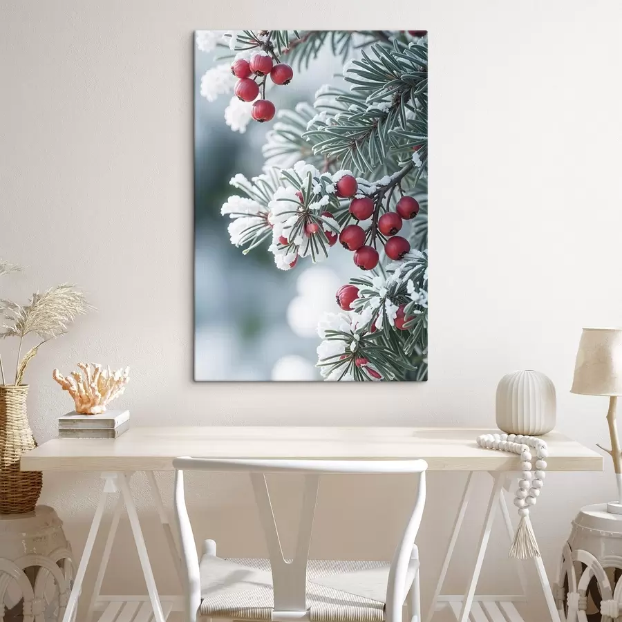 carta da parati Ramo di pino innevato con bacche rosse , scena invernale nr. s42238