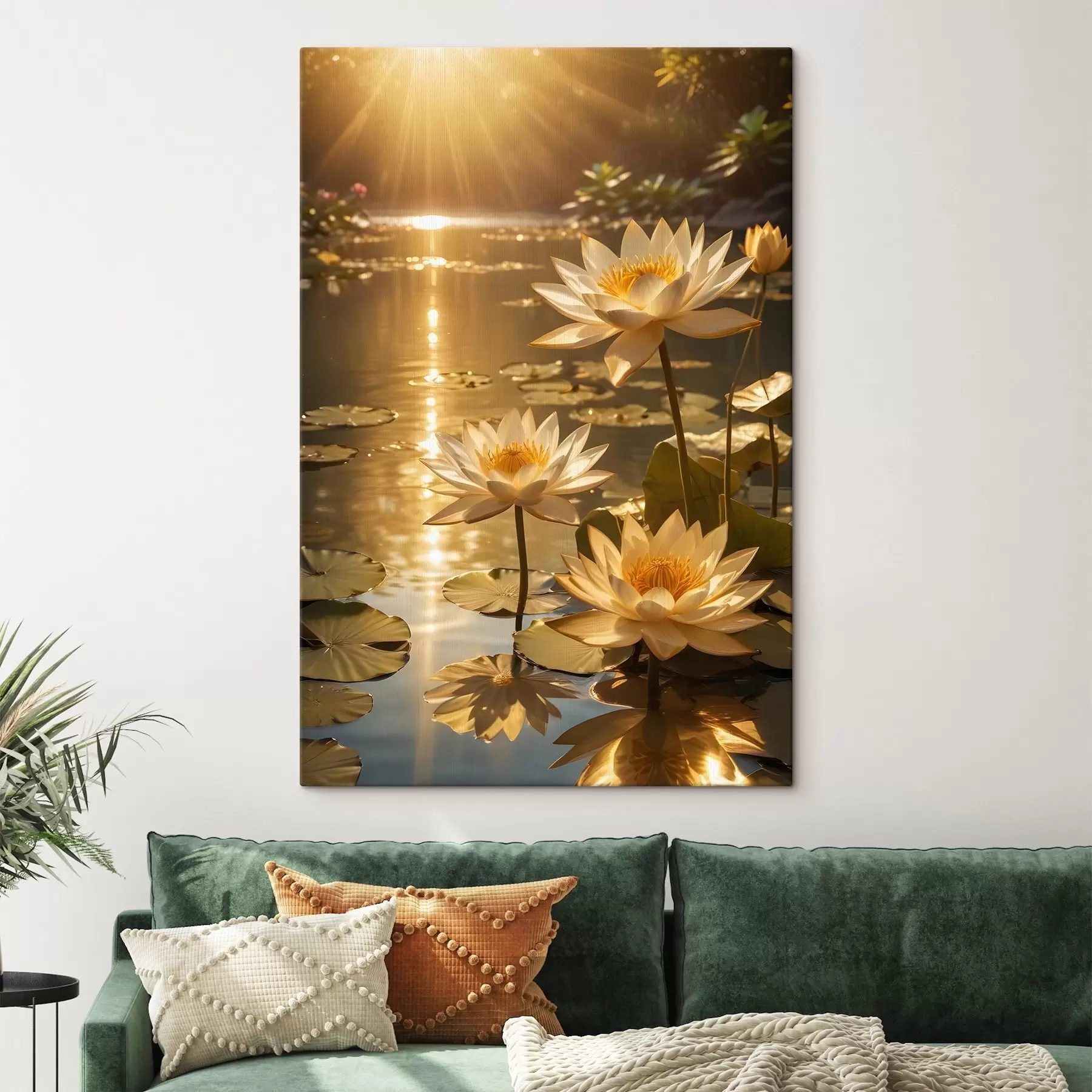 carta da parati Fiori di loto bianchi che galleggiano su uno stagno calmo con il sole, creando un'atmosfera serena e tranquilla nr. s42239