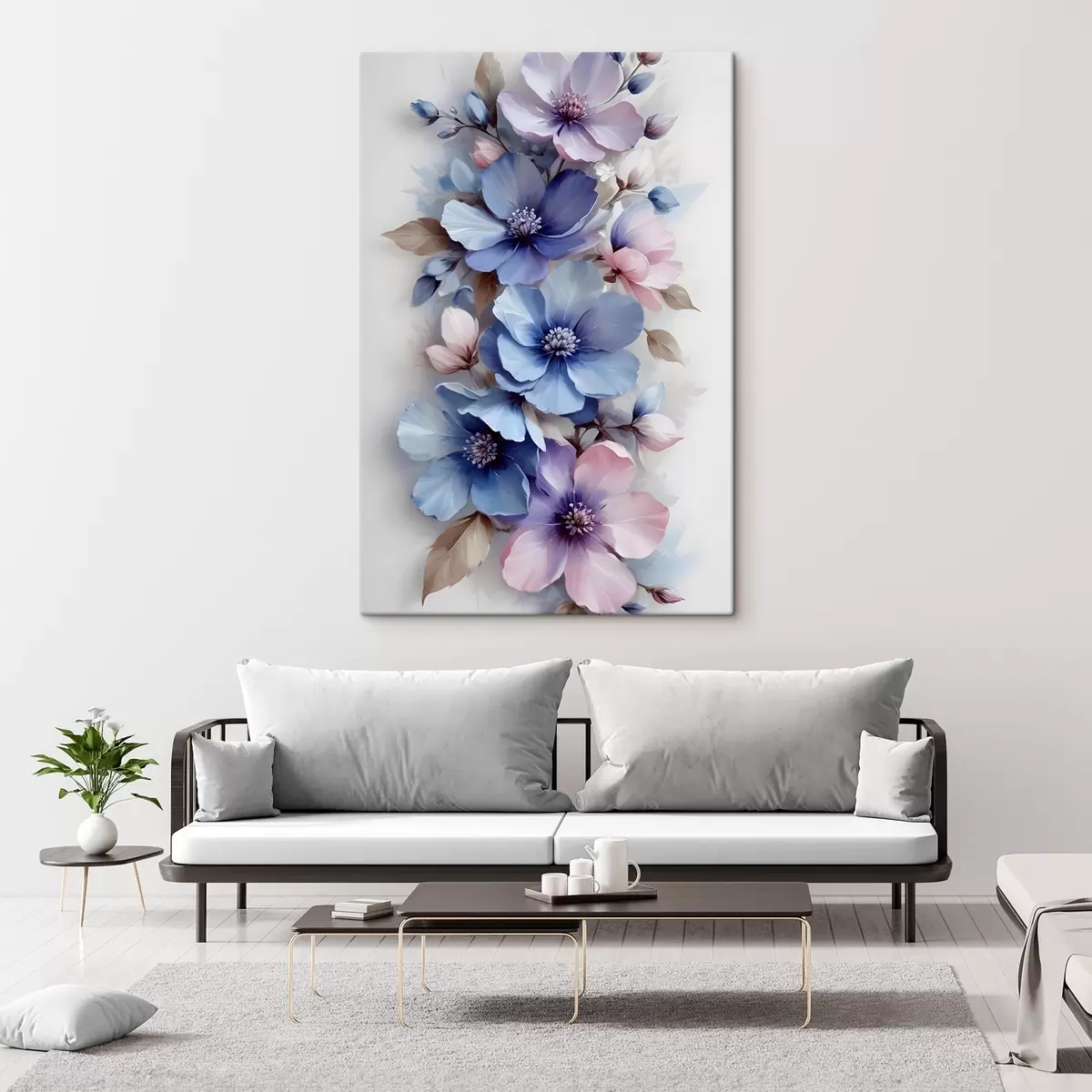 carta da parati Delicati fiori blu e rosa con petali e centri morbidi, disposti in una splendida stampa floreale su sfondo chiaro nr. s42241
