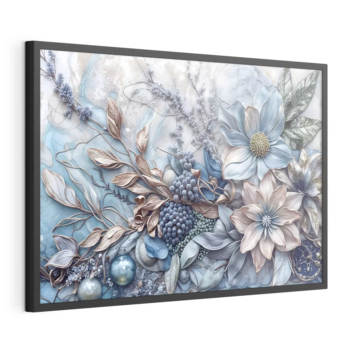 Poster Una dettagliata texture astratta di fiori lussureggianti con grandi e vibranti fiori blu e rosa, bacche e altri elementi botanici f42210
