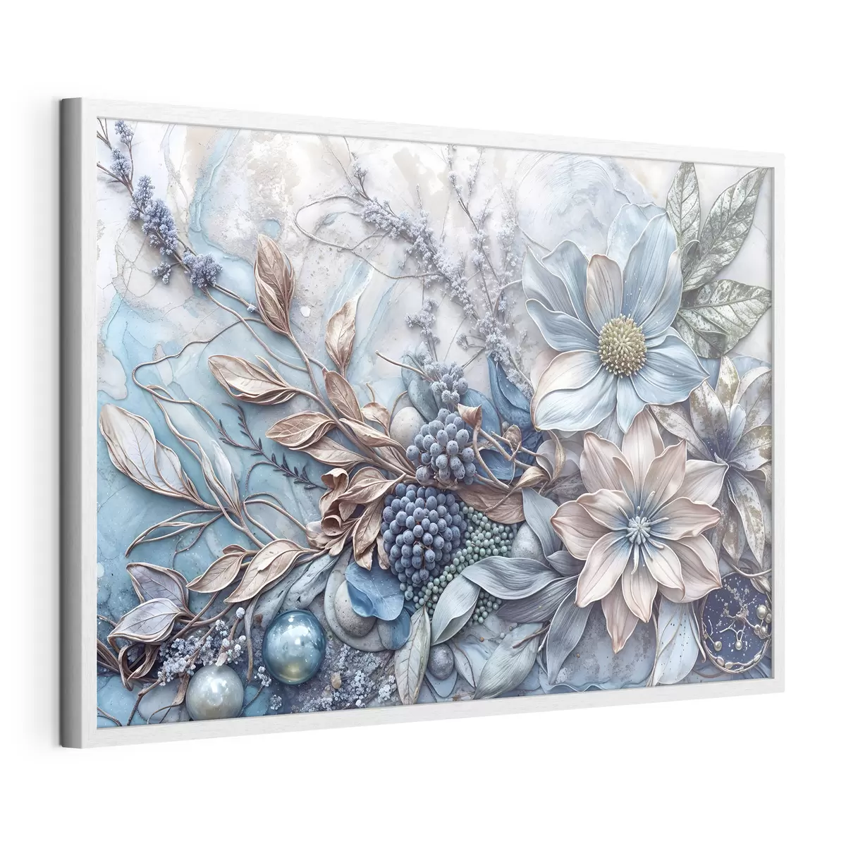 Poster Una dettagliata texture astratta di fiori lussureggianti con grandi e vibranti fiori blu e rosa, bacche e altri elementi botanici f42210