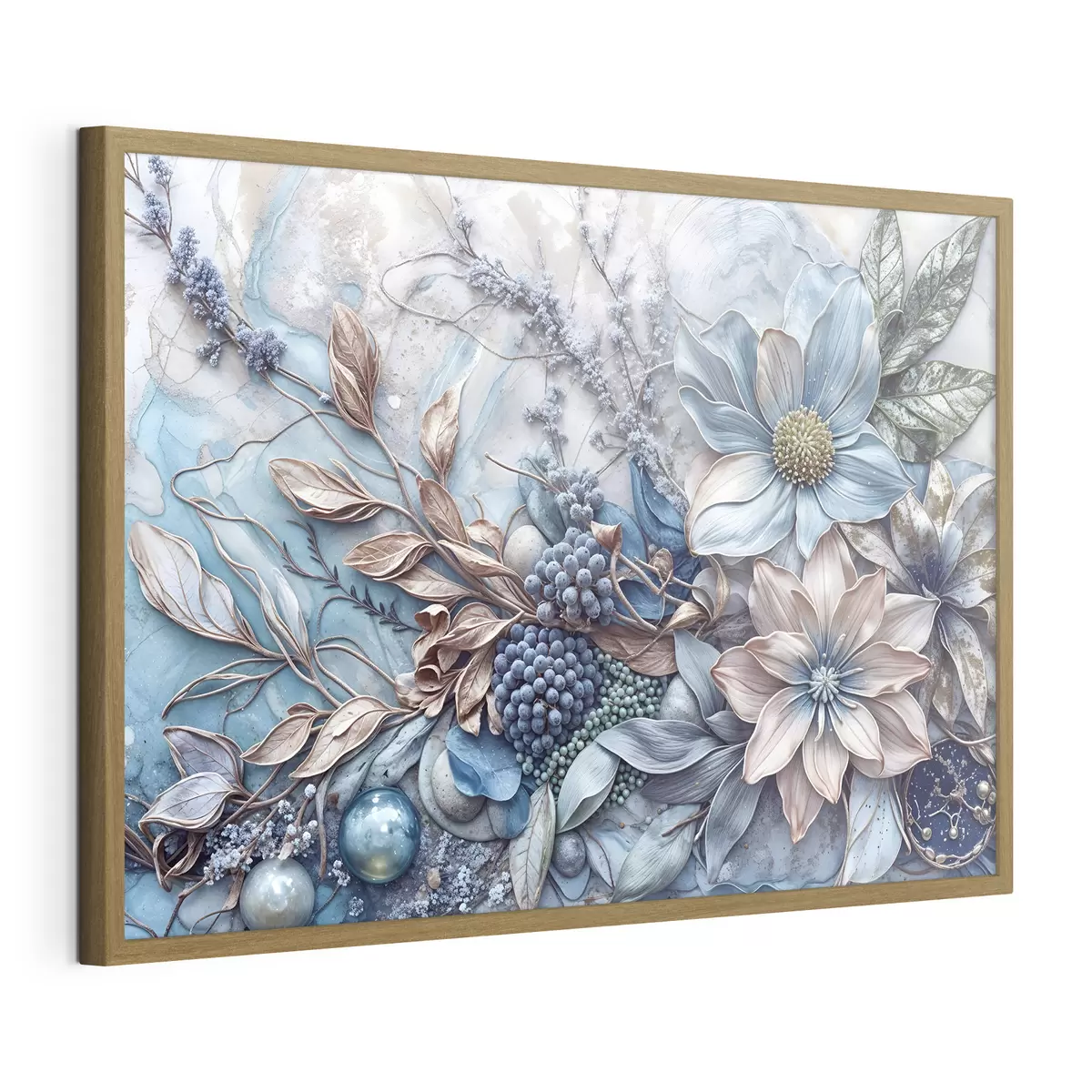 Poster Una dettagliata texture astratta di fiori lussureggianti con grandi e vibranti fiori blu e rosa, bacche e altri elementi botanici f42210