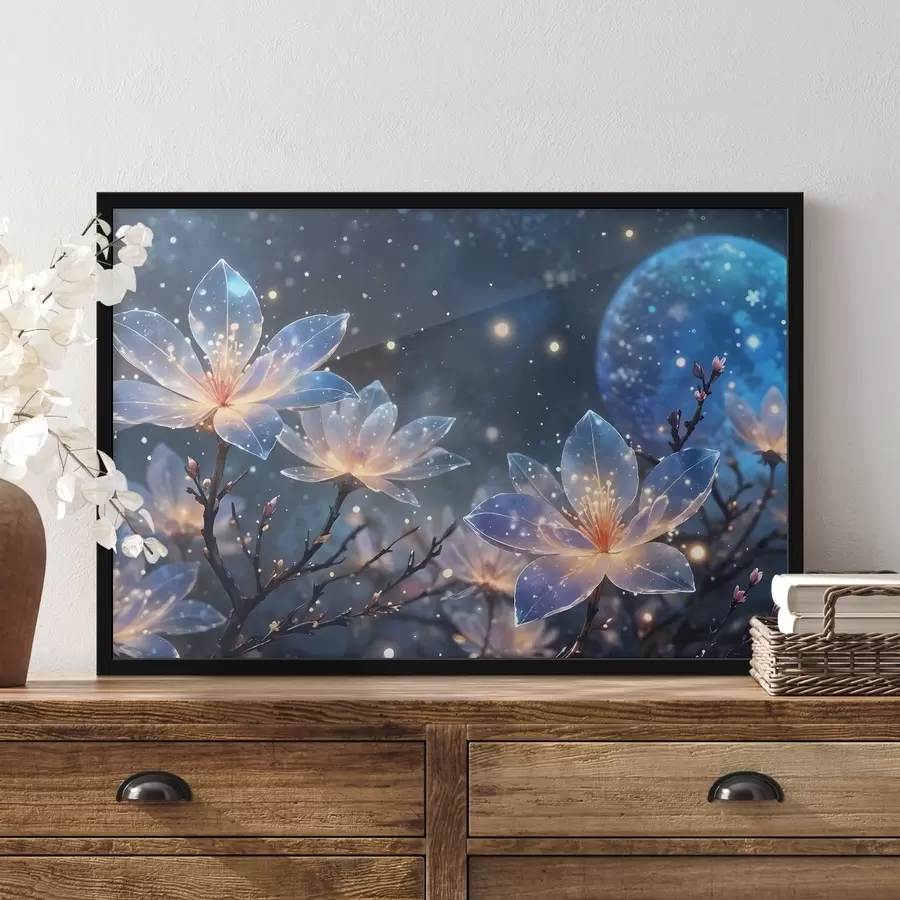 carta da parati Fiori astratti di fantasia su rami con petali strutturati con stelle e luna in uno sfondo di cielo notturno nr. f42211