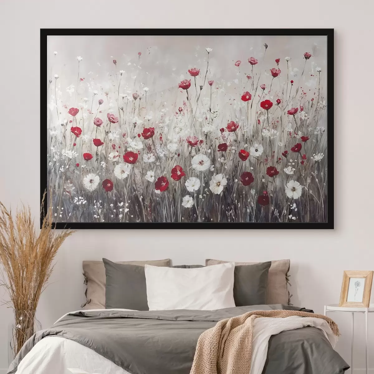 Poster Imitazione astratta di pittura a olio di un campo di papaveri e margherite rosse e bianche su uno sfondo grigio e materico f42213