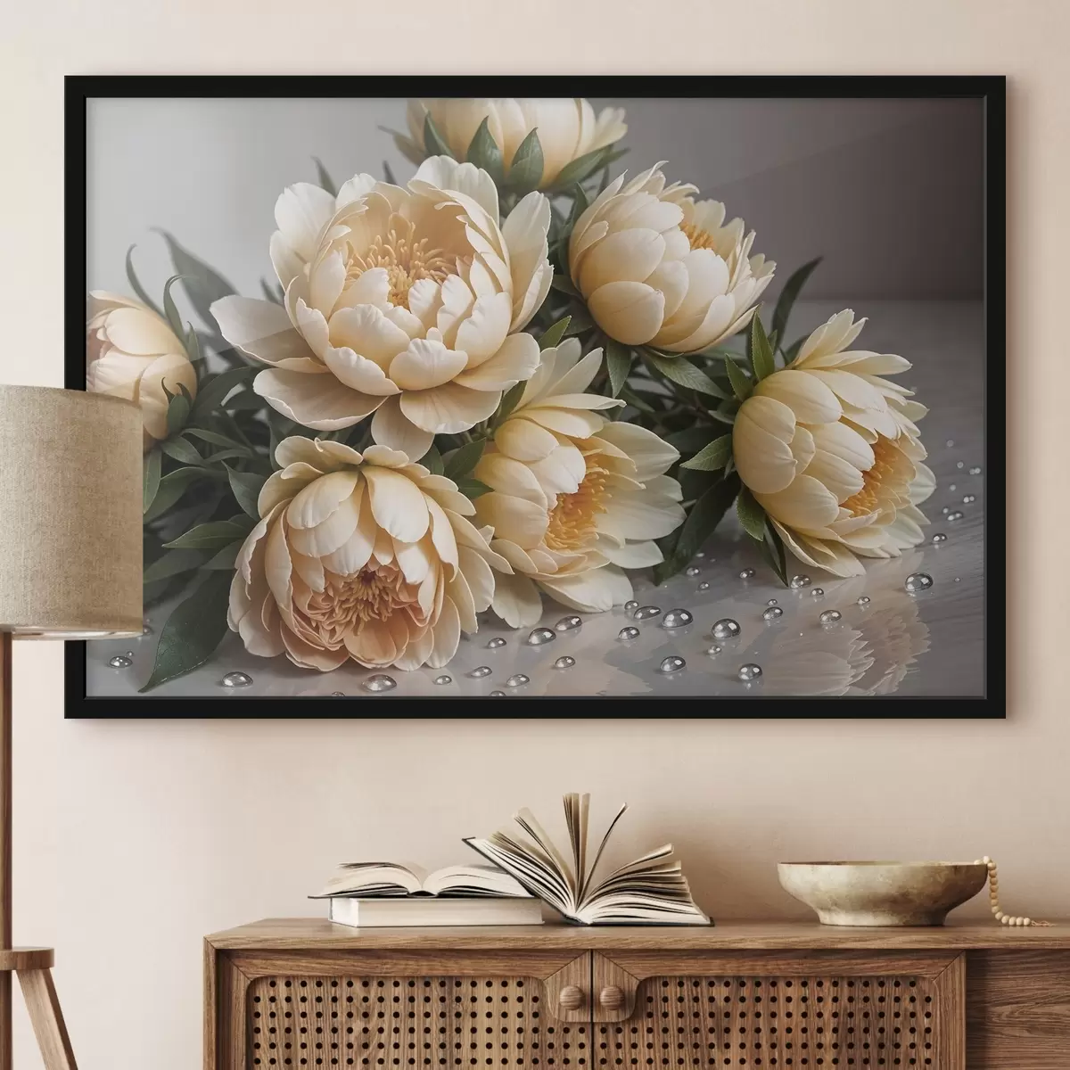 Poster Fiori di peonia dettagliati color crema con foglie verde scuro su sfondo grigio f42215