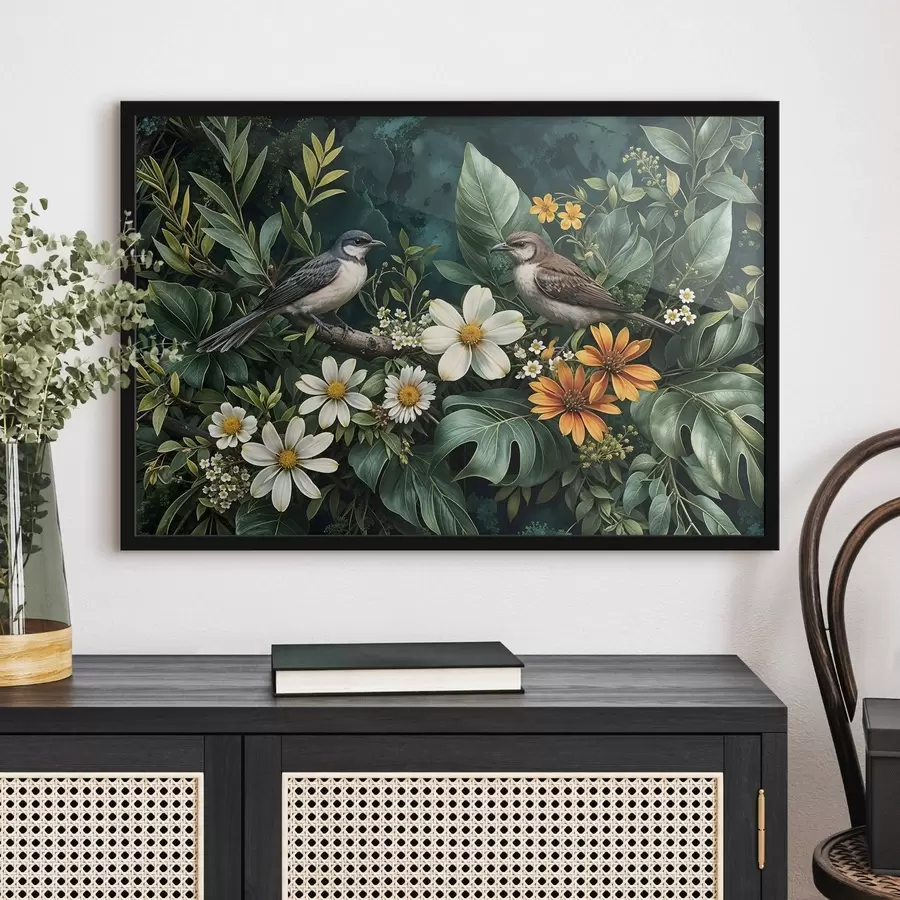 carta da parati Piccoli uccelli appollaiati sui rami circondati da un rigoglioso fogliame tropicale, con grandi foglie verdi e fiori colorati nr. f42220