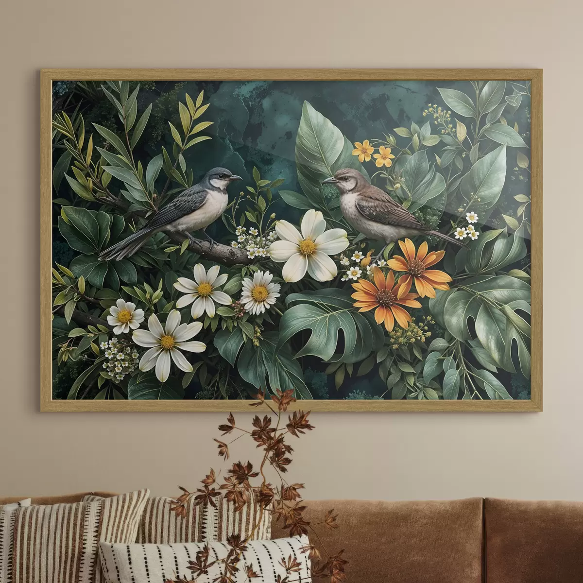 Poster Piccoli uccelli appollaiati sui rami circondati da un rigoglioso fogliame tropicale, con grandi foglie verdi e fiori colorati f42220