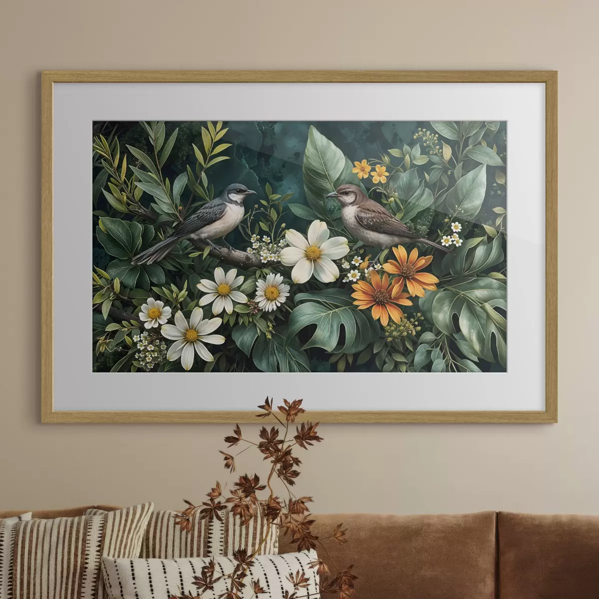 Poster Piccoli uccelli appollaiati sui rami circondati da un rigoglioso fogliame tropicale, con grandi foglie verdi e fiori colorati f42220