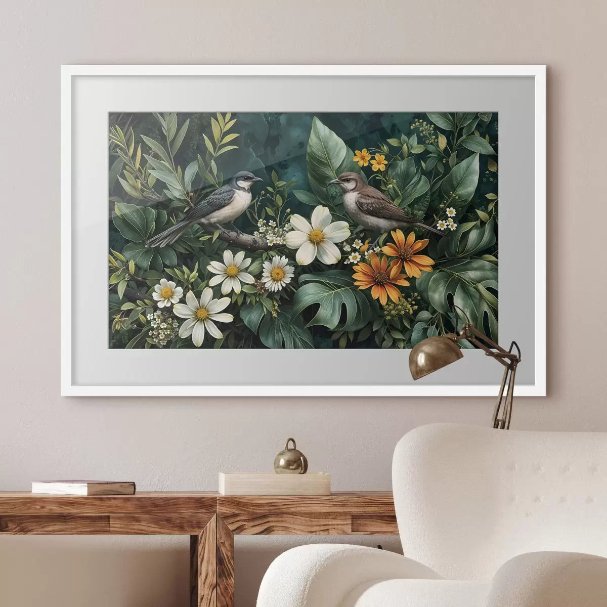 Poster Piccoli uccelli appollaiati sui rami circondati da un rigoglioso fogliame tropicale, con grandi foglie verdi e fiori colorati f42220