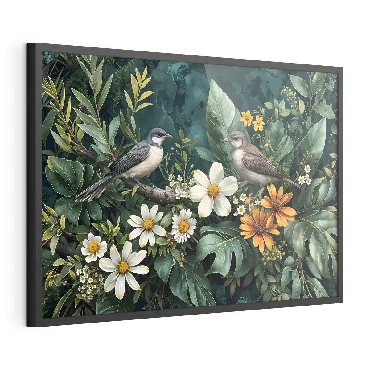 Poster Piccoli uccelli appollaiati sui rami circondati da un rigoglioso fogliame tropicale, con grandi foglie verdi e fiori colorati f42220
