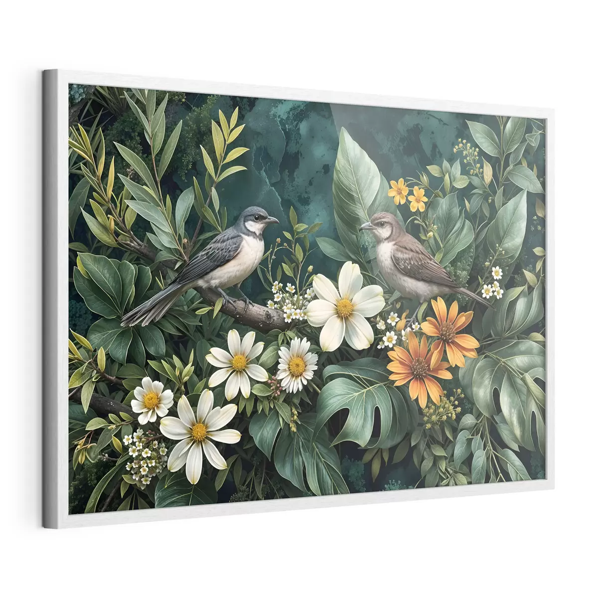 Poster Piccoli uccelli appollaiati sui rami circondati da un rigoglioso fogliame tropicale, con grandi foglie verdi e fiori colorati f42220