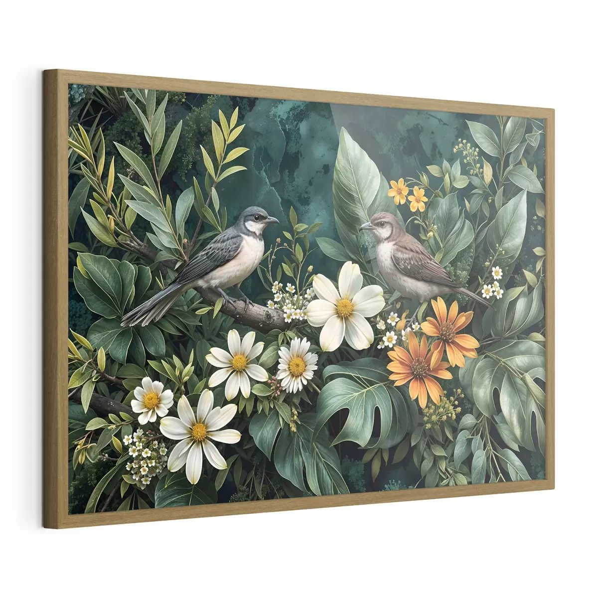 Poster Piccoli uccelli appollaiati sui rami circondati da un rigoglioso fogliame tropicale, con grandi foglie verdi e fiori colorati f42220