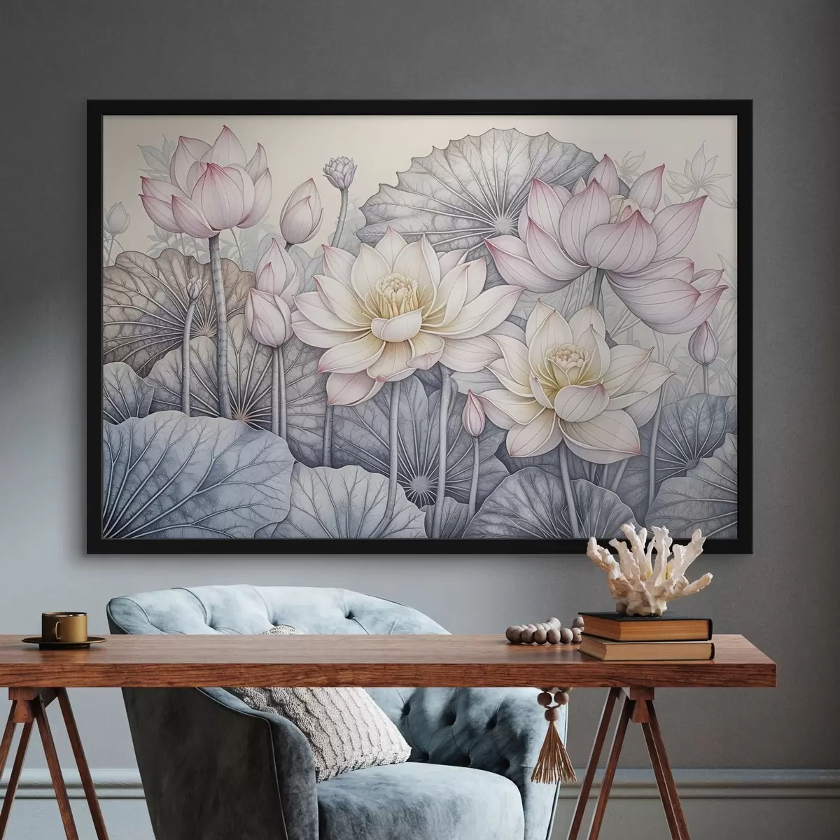 Poster Grandi fiori di loto rosa e bianchi con foglie e steli verdi su sfondo chiaro con petali e centri dettagliati f42221