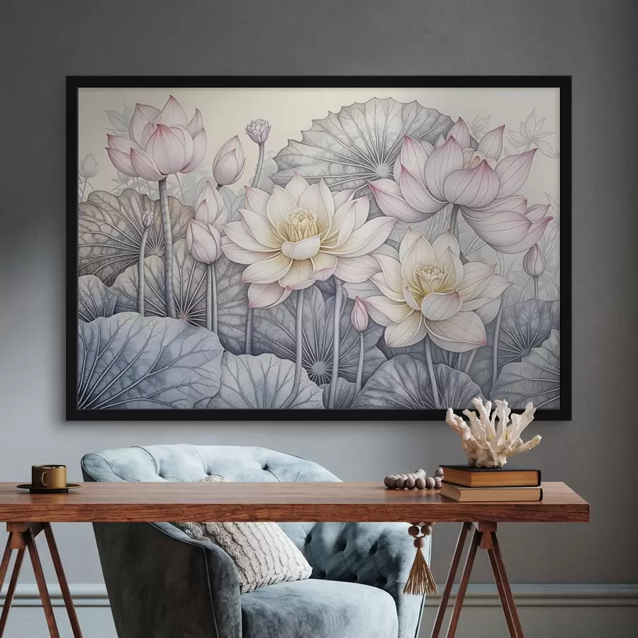 carta da parati Grandi fiori di loto rosa e bianchi con foglie e steli verdi su sfondo chiaro con petali e centri dettagliati nr. f42221