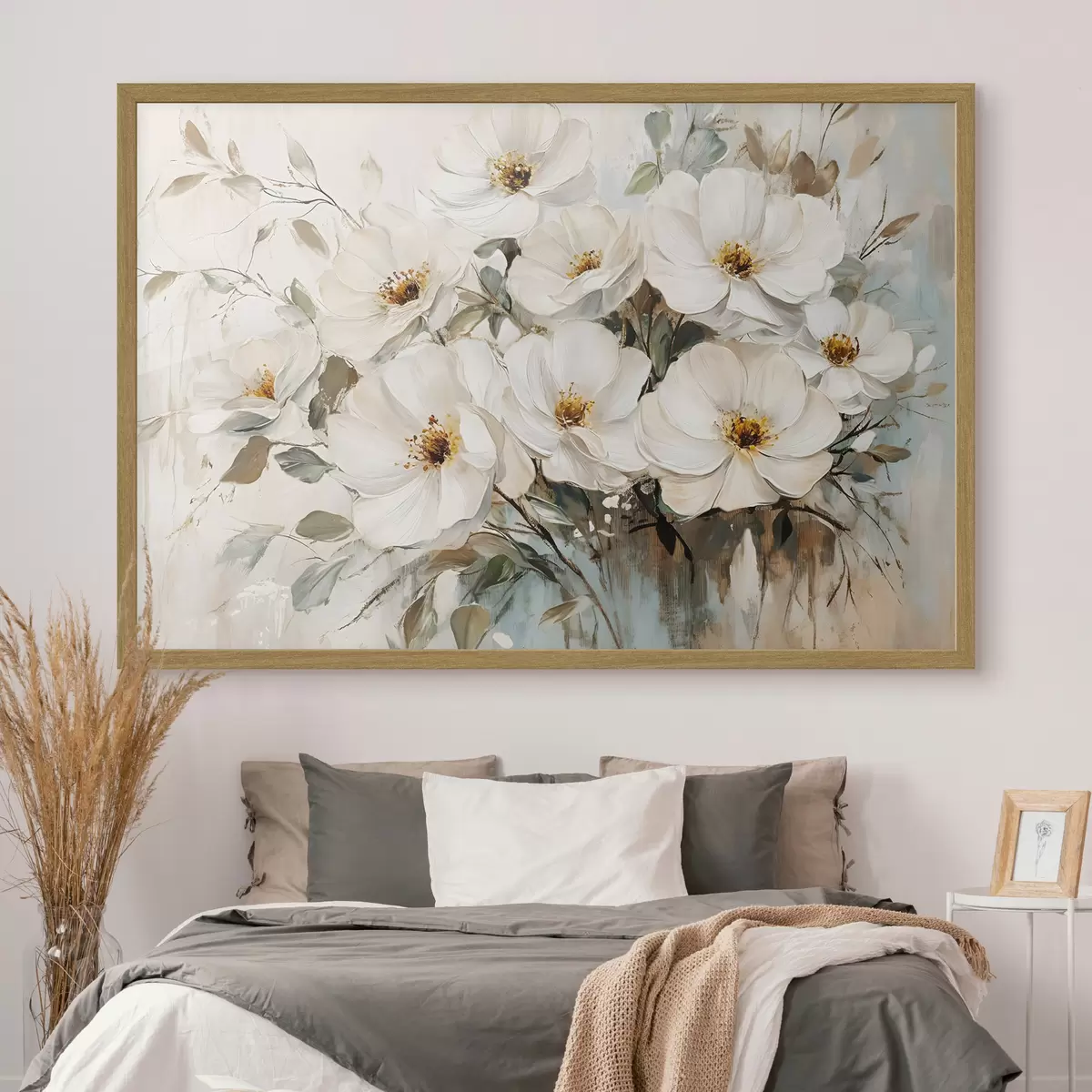 Poster Un bouquet di grandi fiori bianchi in stile pittura a olio con centri gialli su uno sfondo chiaro f42222
