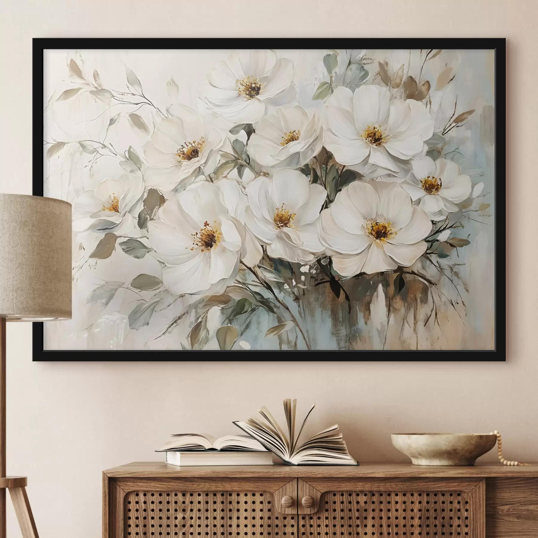 carta da parati Un bouquet di grandi fiori bianchi in stile pittura a olio con centri gialli su uno sfondo chiaro nr. f42222