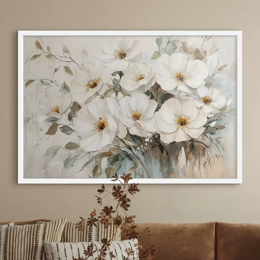 carta da parati Un bouquet di grandi fiori bianchi in stile pittura a olio con centri gialli su uno sfondo chiaro nr. f42222