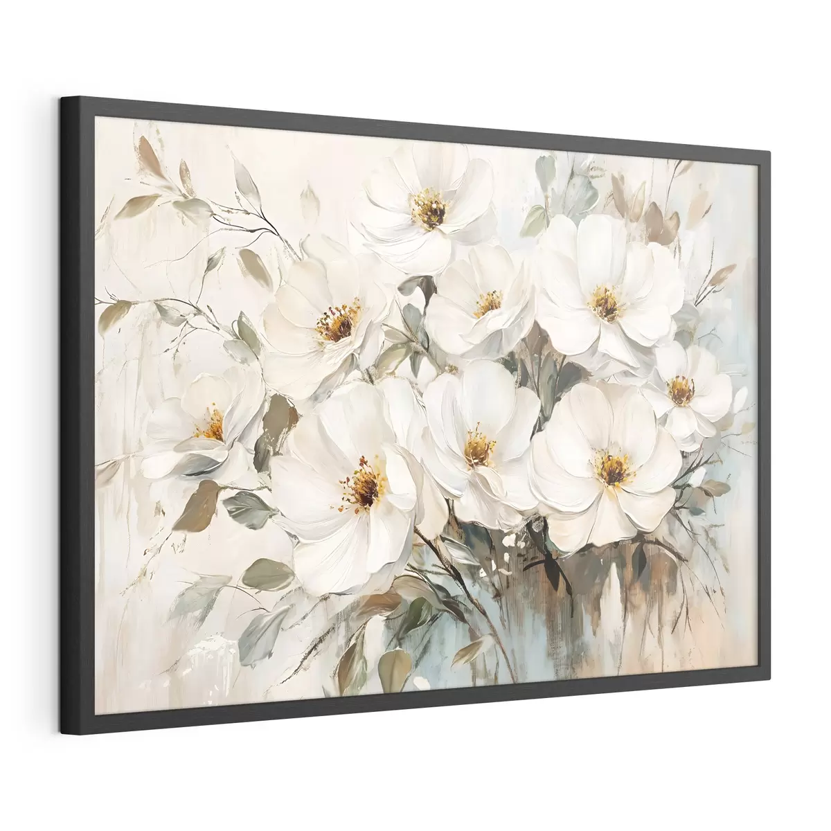 Poster Un bouquet di grandi fiori bianchi in stile pittura a olio con centri gialli su uno sfondo chiaro f42222