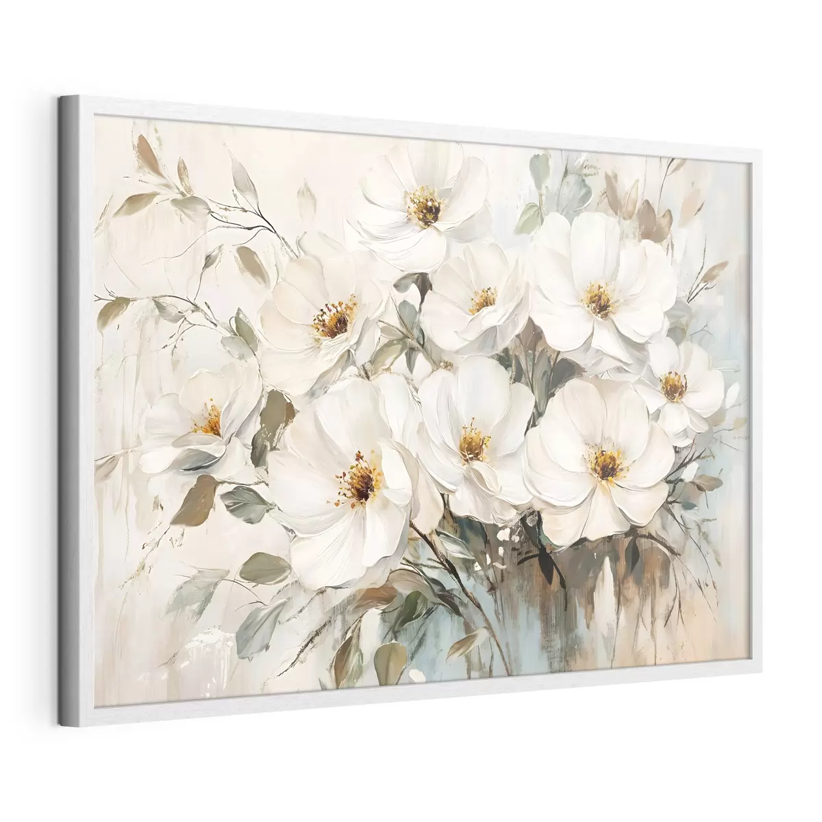 Poster Un bouquet di grandi fiori bianchi in stile pittura a olio con centri gialli su uno sfondo chiaro f42222