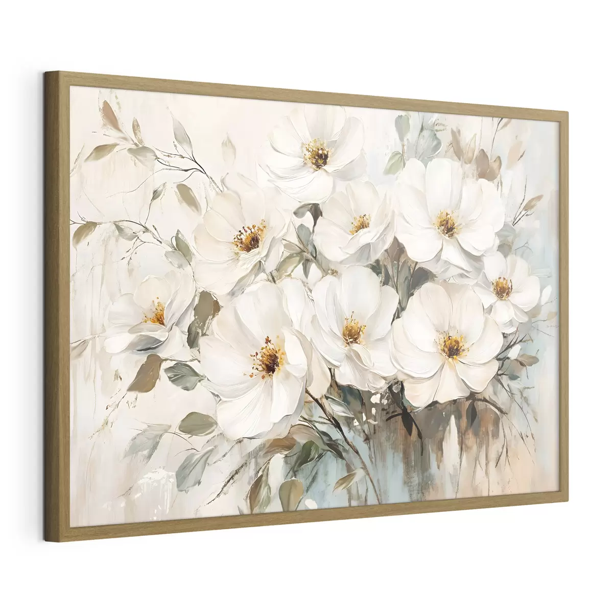 Poster Un bouquet di grandi fiori bianchi in stile pittura a olio con centri gialli su uno sfondo chiaro f42222