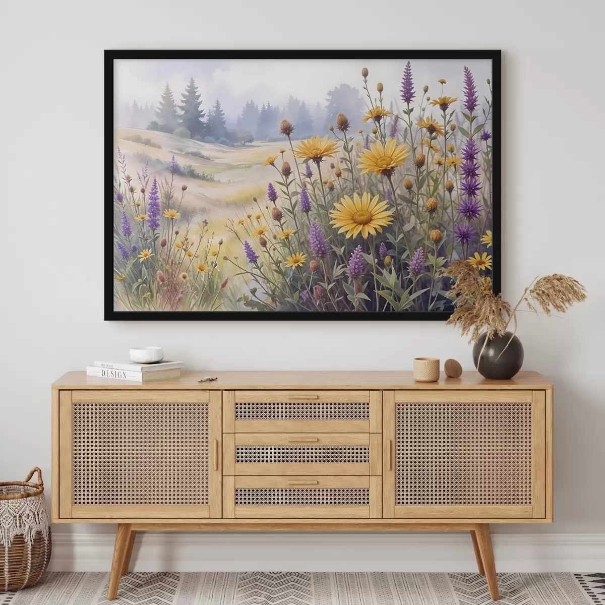 Poster Un campo di girasoli gialli e fiori di campo viola in un paesaggio forestale nebbioso con pini sullo sfondo f42223