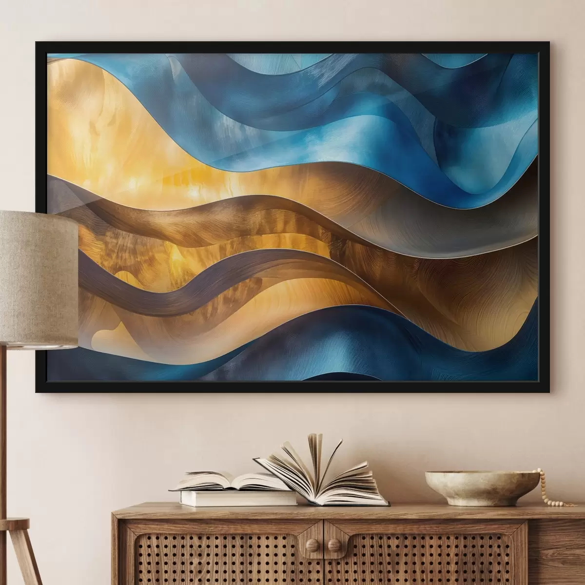 Poster Forme ondulate astratte di arte moderna nei toni del blu, dell'arancio e del marrone f42224