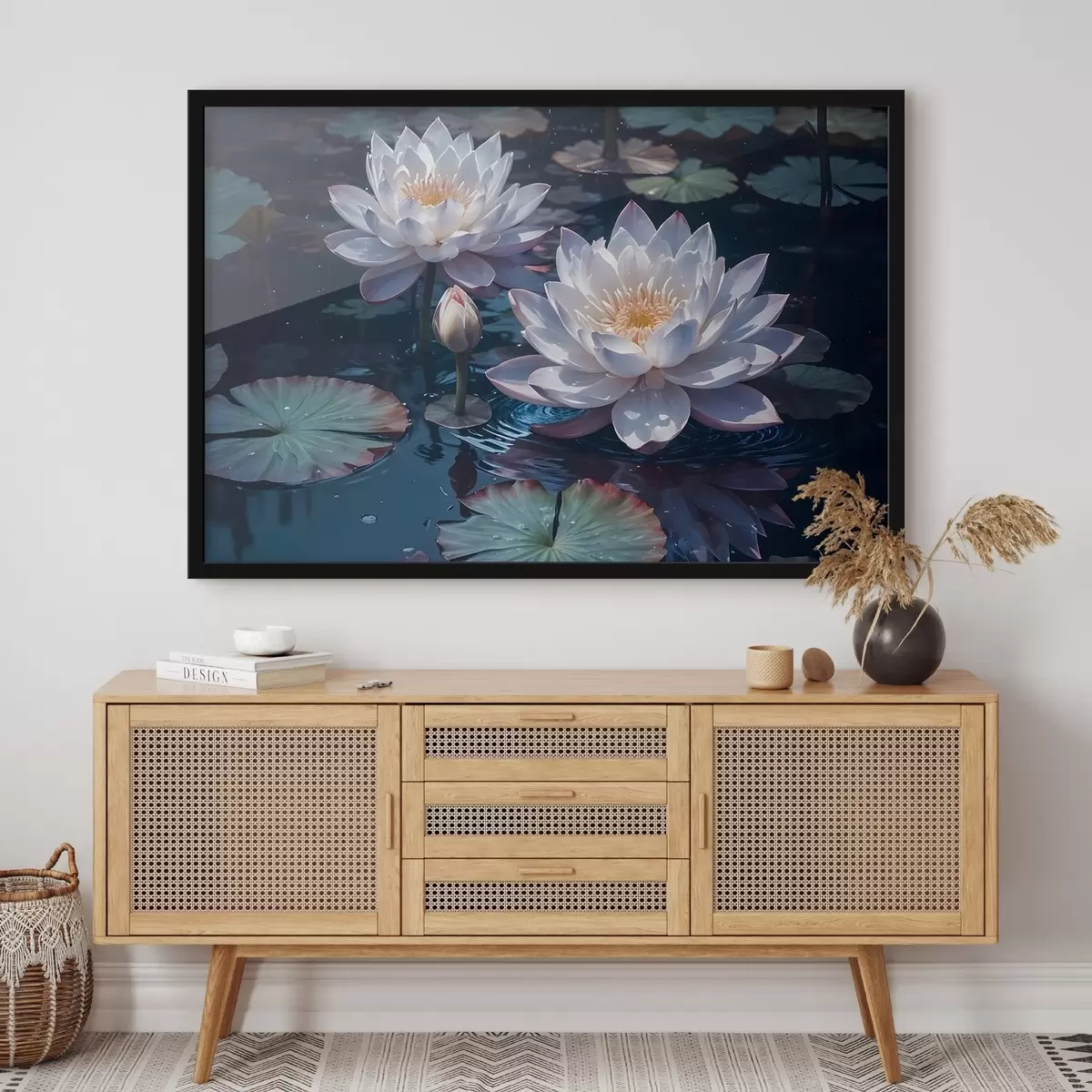 Poster Fiori di loto bianchi che galleggiano su uno stagno tranquillo con ninfee f42225