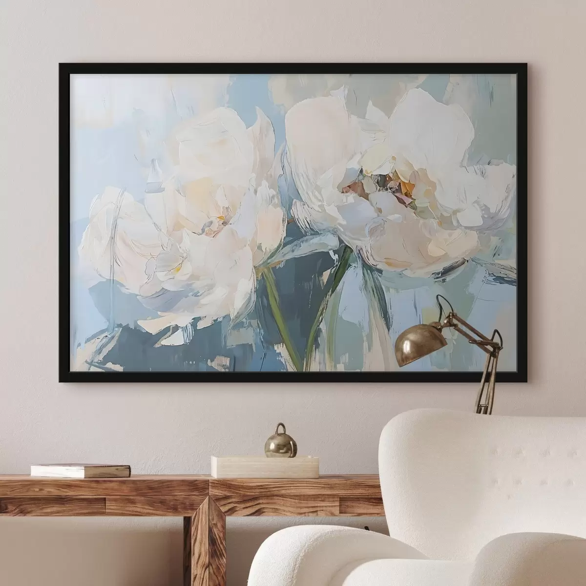 Poster Bianco minimalista astratto peonie pittura ad olio imitazione su uno sfondo blu morbido f42226