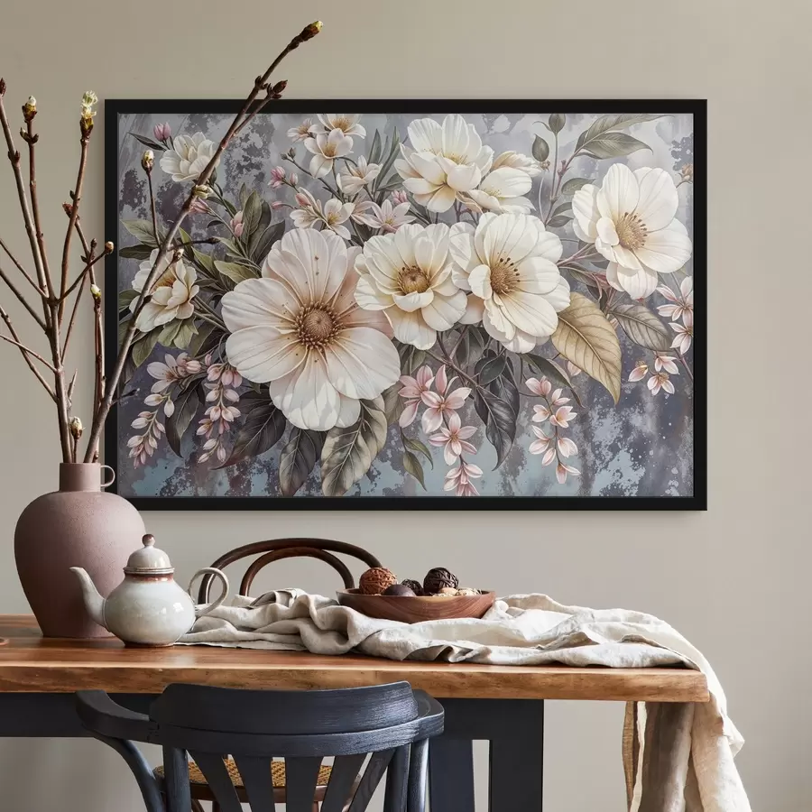 carta da parati Un vibrante bouquet di grandi fiori dettagliati di dalia bianca e rosa con foglie verdi su uno sfondo scuro nr. f42227