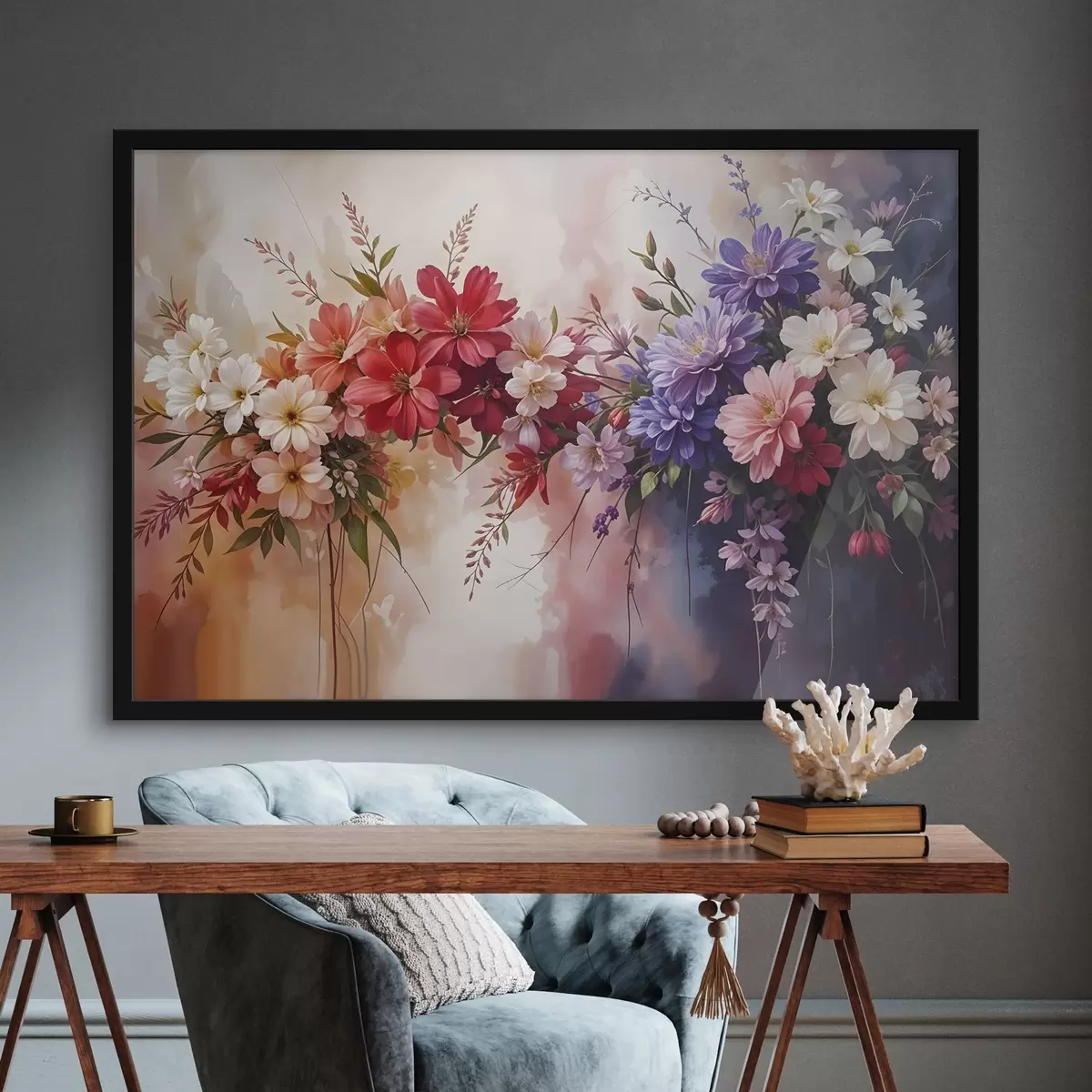 Poster Fiori colorati, tra cui dalie rosse, rosa e viola, margherite e altre fioriture su uno sfondo morbido e sfocato f42234