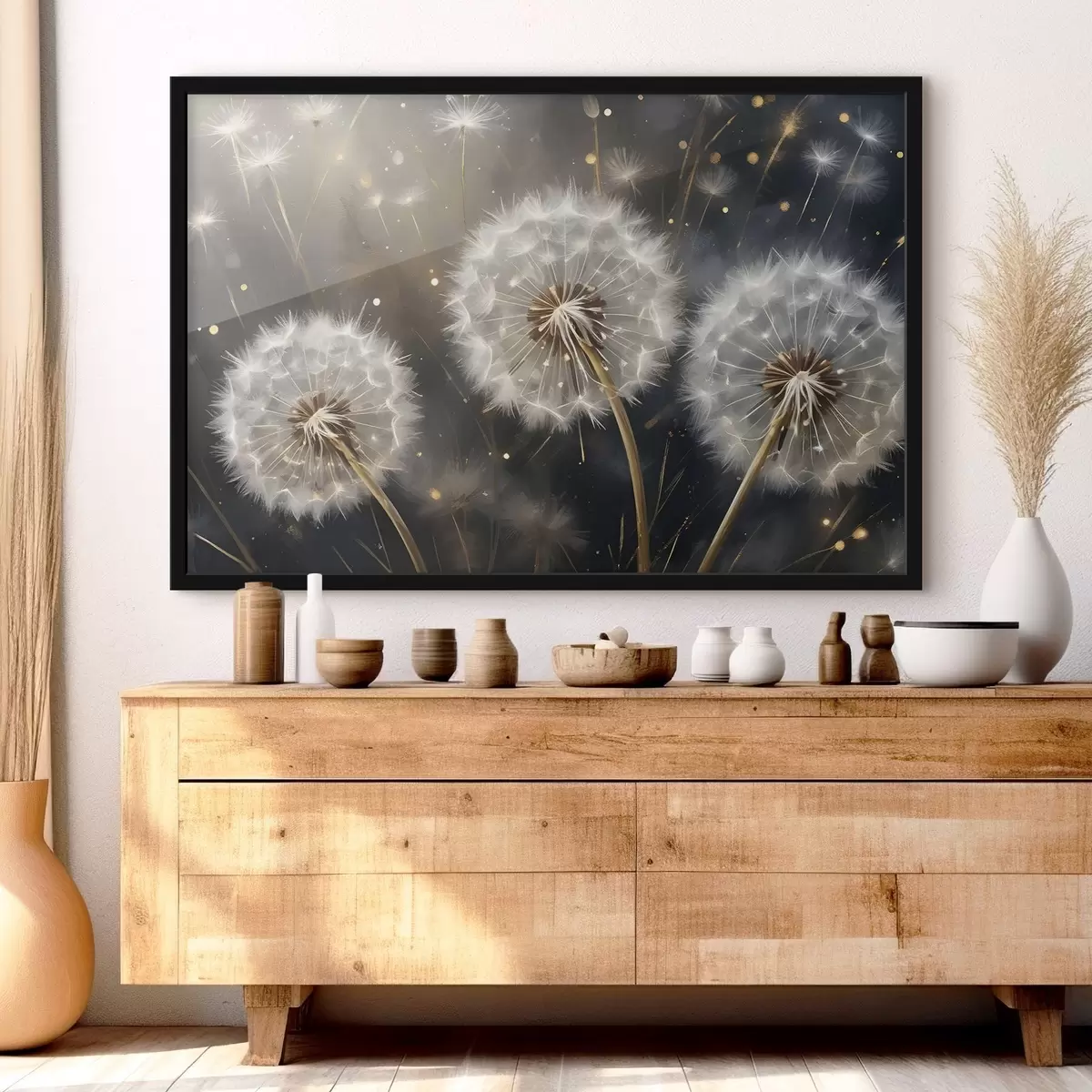 Poster Fiori di dente di leone con le loro soffici teste di semi bianchi su uno sfondo scuro, creando un'atmosfera magica f42235