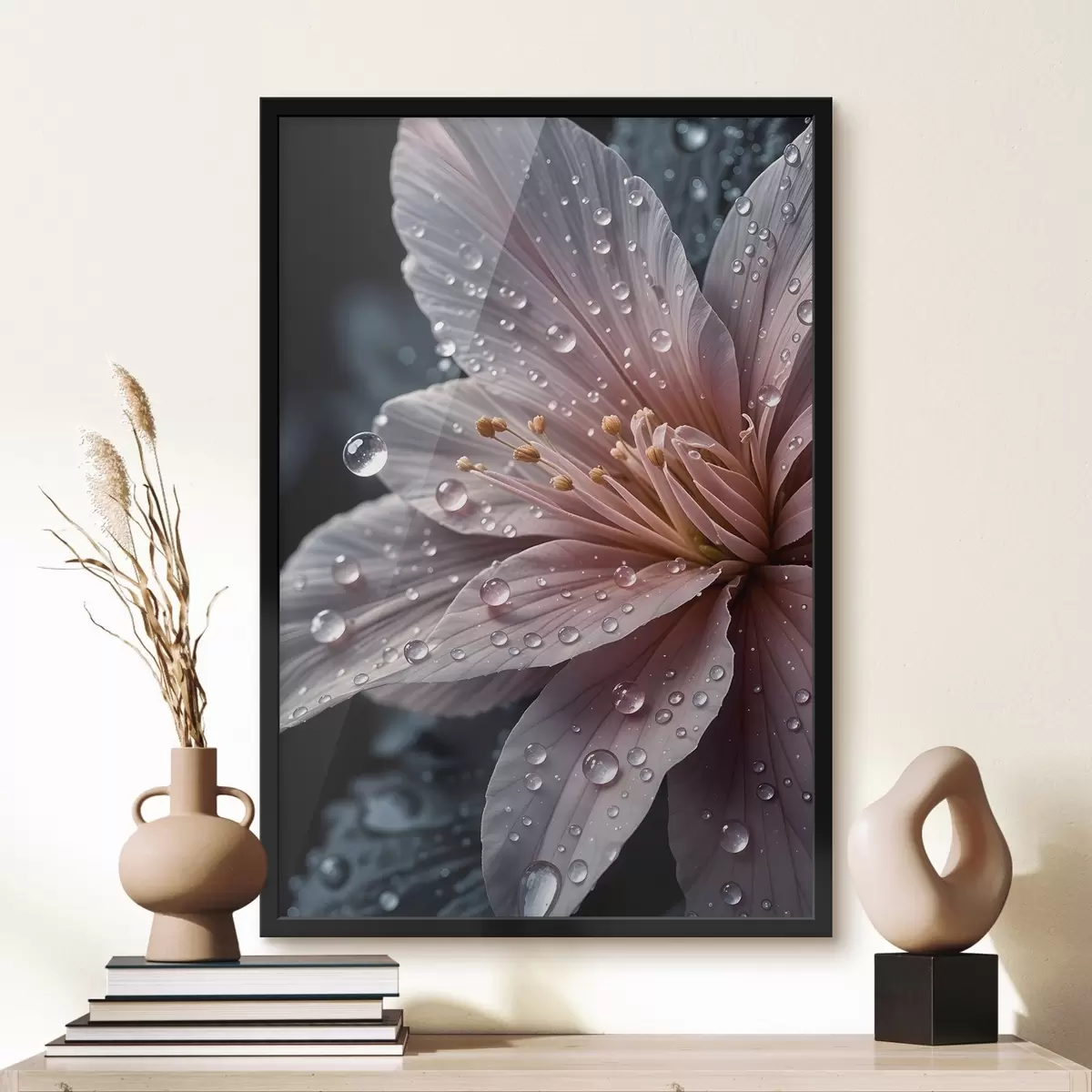 Poster Primo piano di un fiore rosa con petali delicati ricoperti di gocce d'acqua, su uno sfondo scuro f42237
