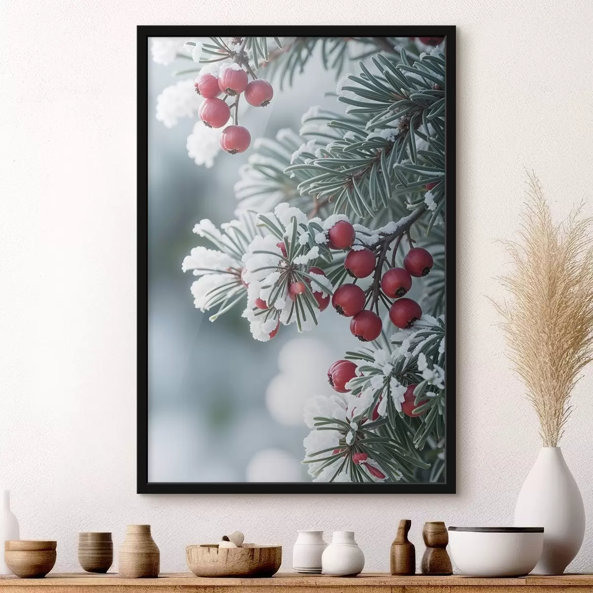 Poster Ramo di pino innevato con bacche rosse , scena invernale f42238