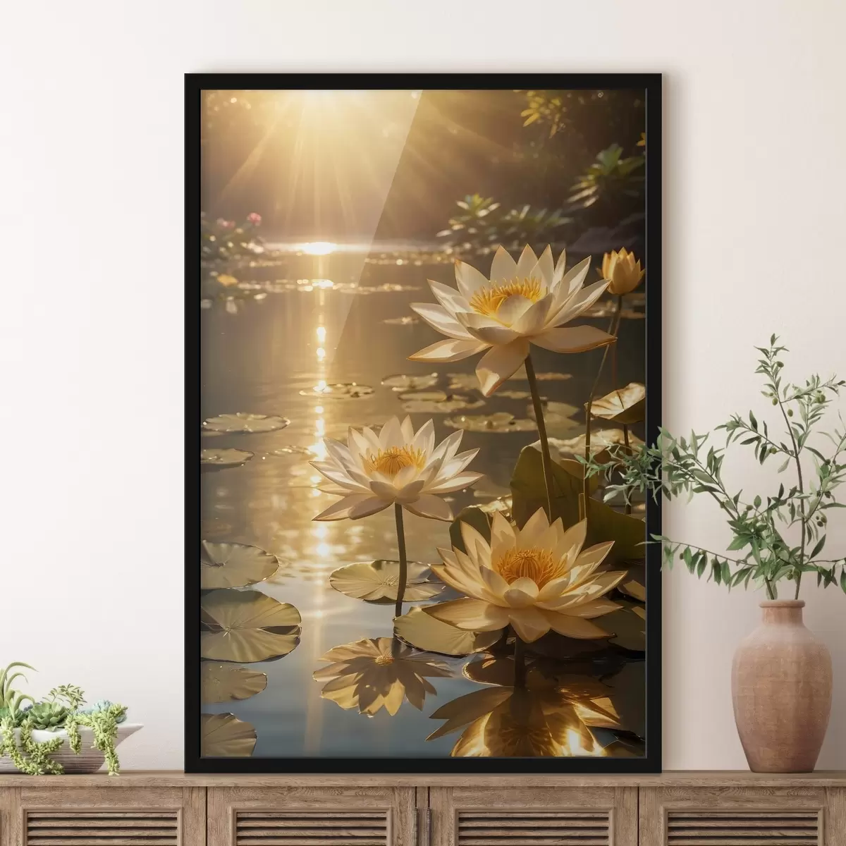 Poster Fiori di loto bianchi che galleggiano su uno stagno calmo con il sole, creando un'atmosfera serena e tranquilla f42239