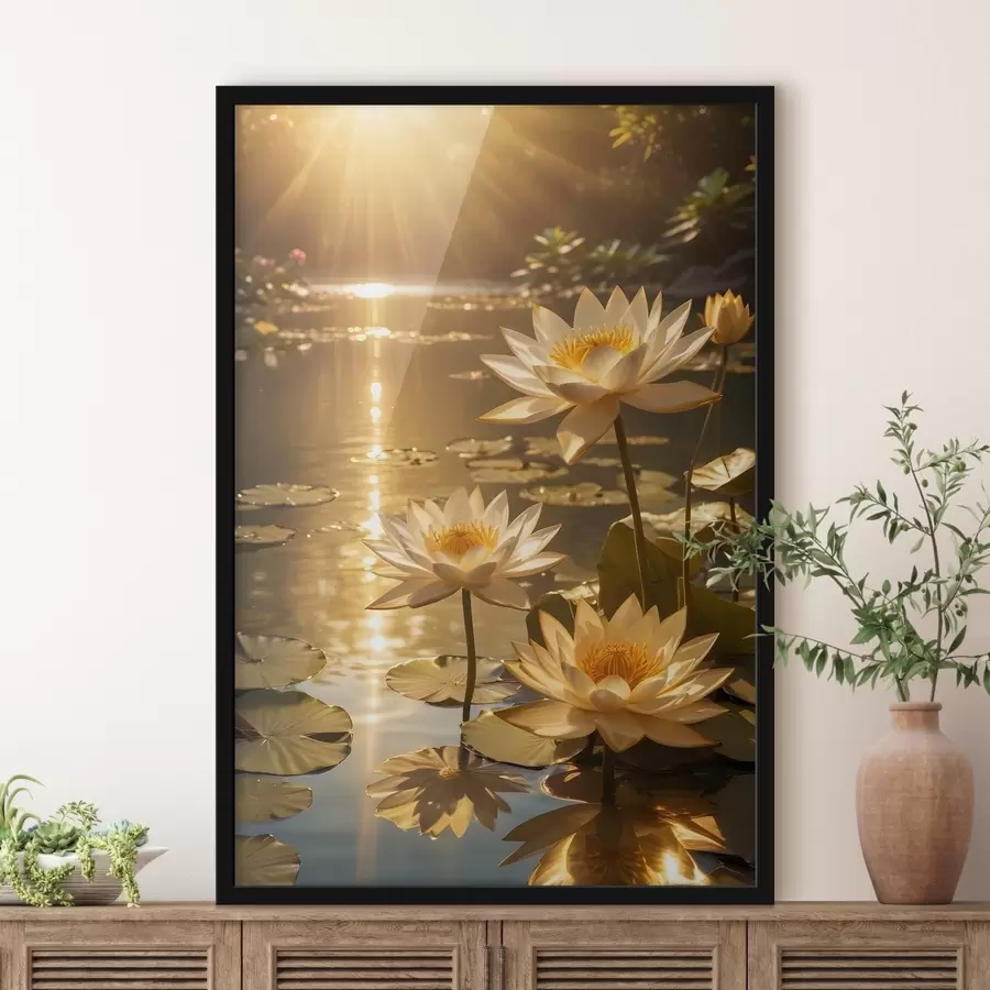 carta da parati Fiori di loto bianchi che galleggiano su uno stagno calmo con il sole, creando un'atmosfera serena e tranquilla nr. f42239