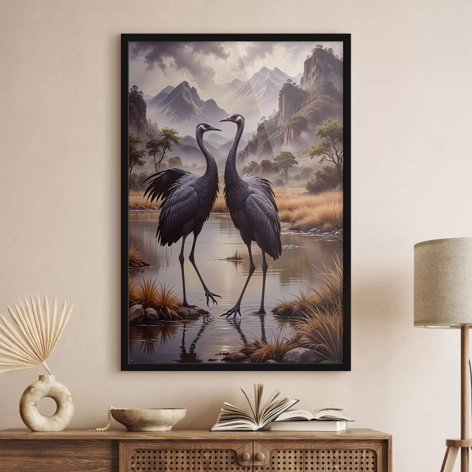 carta da parati Due grandi gru nere in piedi in uno stagno poco profondo, con un paesaggio montuoso sullo sfondo nr. f42240
