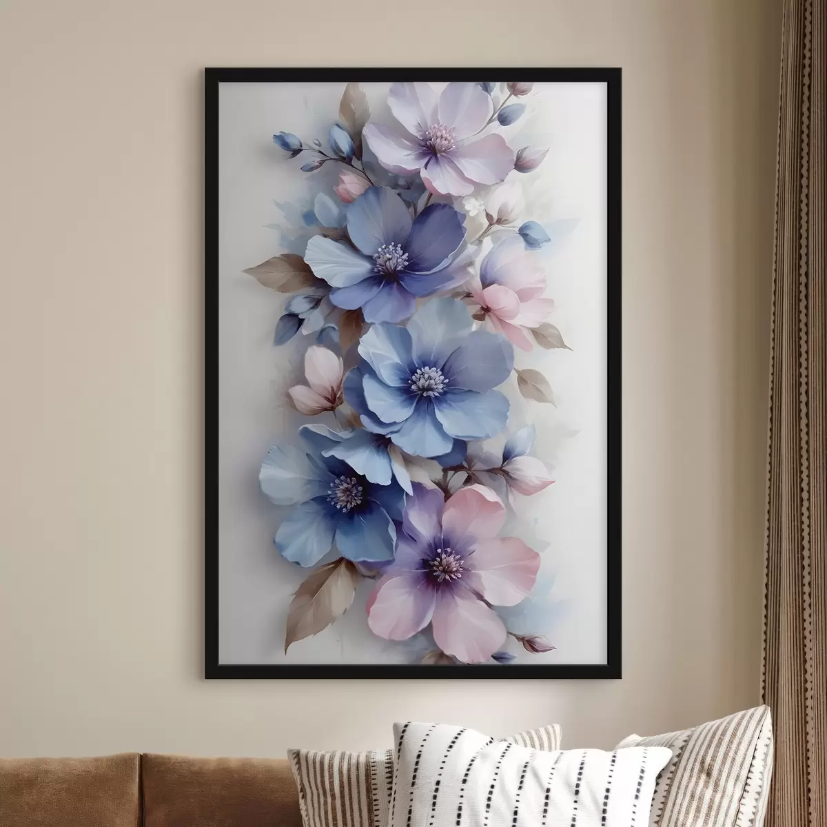Poster Delicati fiori blu e rosa con petali e centri morbidi, disposti in una splendida stampa floreale su sfondo chiaro f42241