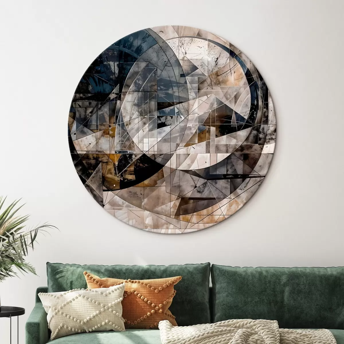Quadri rotondi Composizione geometrica astratta e moderna con forme sovrapposte e stampa nei toni del grigio, del nero e del beige r42212