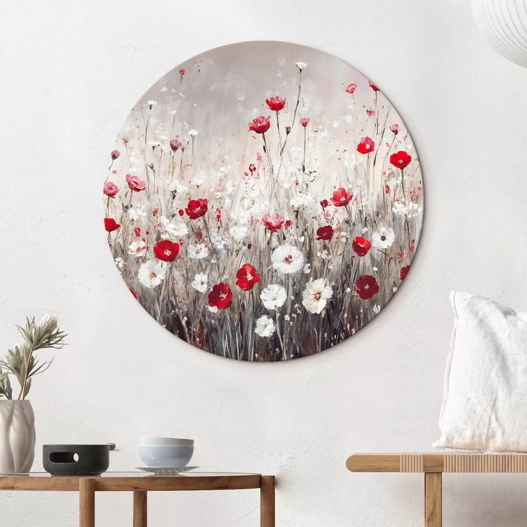 carta da parati Imitazione astratta di pittura a olio di un campo di papaveri e margherite rosse e bianche su uno sfondo grigio e materico nr. r42213