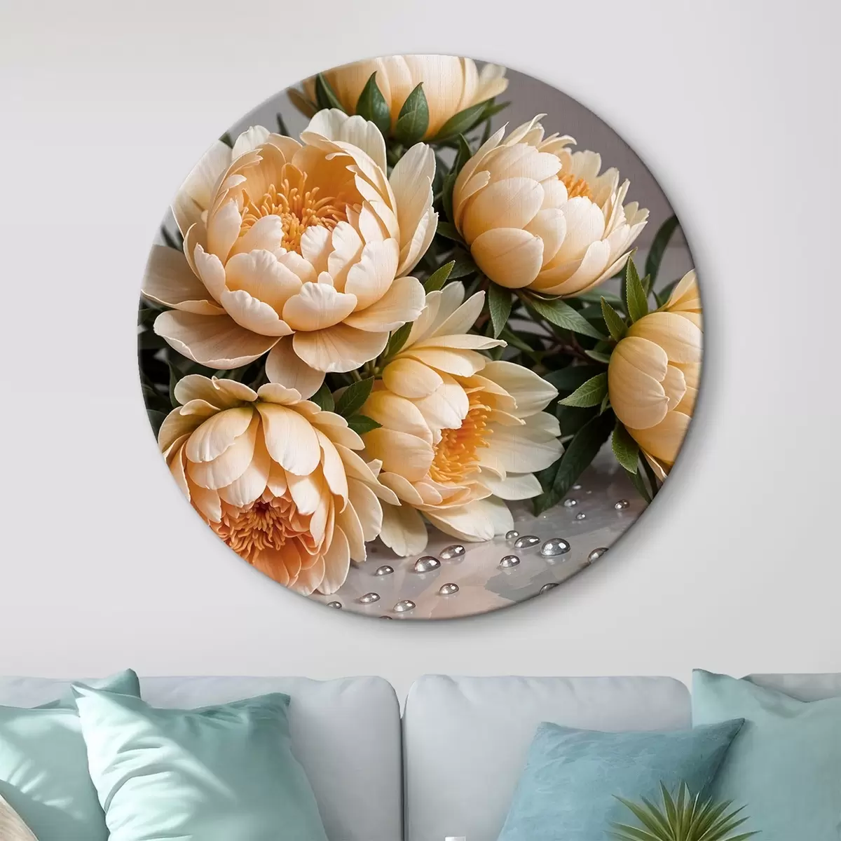 Quadri rotondi Fiori di peonia dettagliati color crema con foglie verde scuro su sfondo grigio r42215