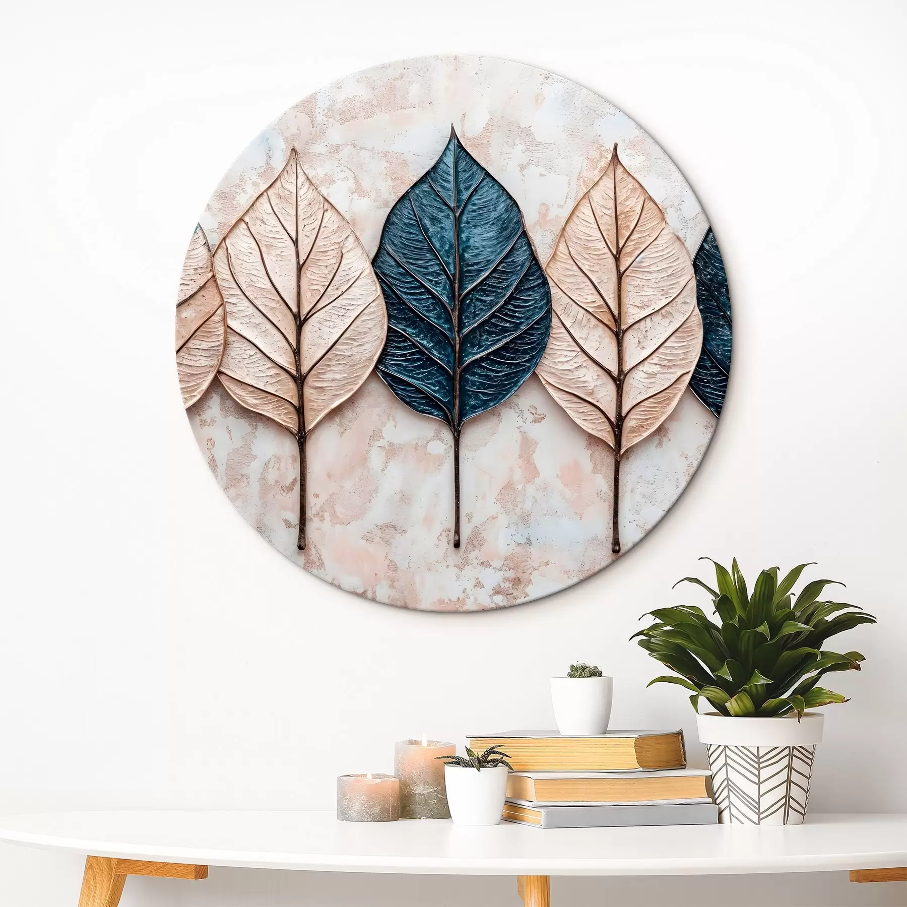 carta da parati Foglie astratte autunnali assortite in varie tonalità di marrone, beige e blu disposte in fila su uno sfondo chiaro nr. r42217