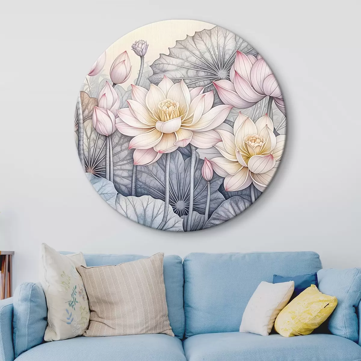 Quadri rotondi Grandi fiori di loto rosa e bianchi con foglie e steli verdi su sfondo chiaro con petali e centri dettagliati r42221
