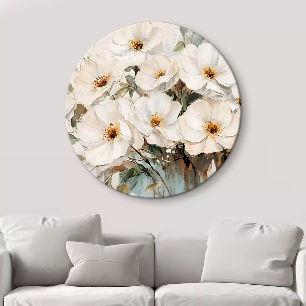 Quadri rotondi Un bouquet di grandi fiori bianchi in stile pittura a olio con centri gialli su uno sfondo chiaro r42222