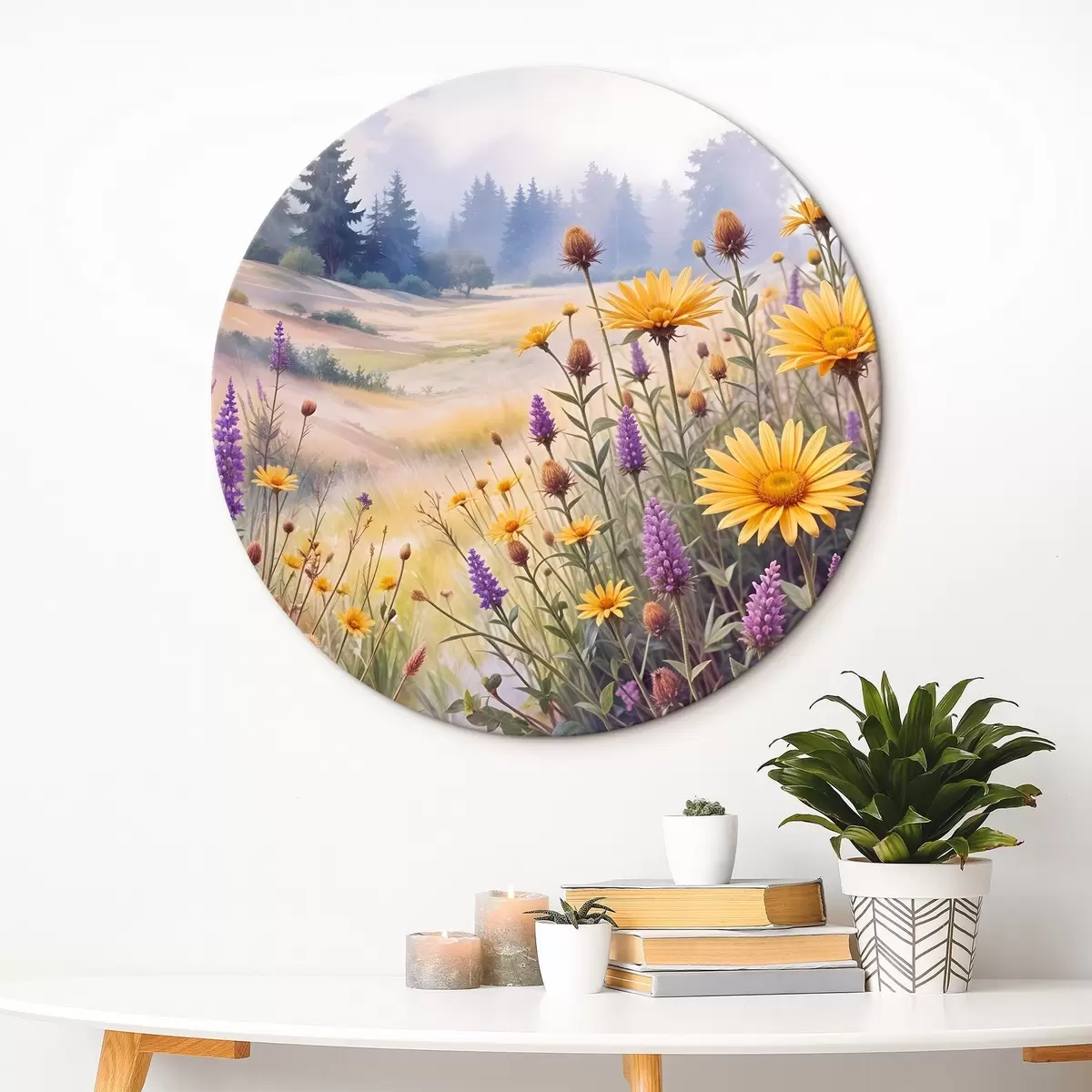 Quadri rotondi Un campo di girasoli gialli e fiori di campo viola in un paesaggio forestale nebbioso con pini sullo sfondo r42223